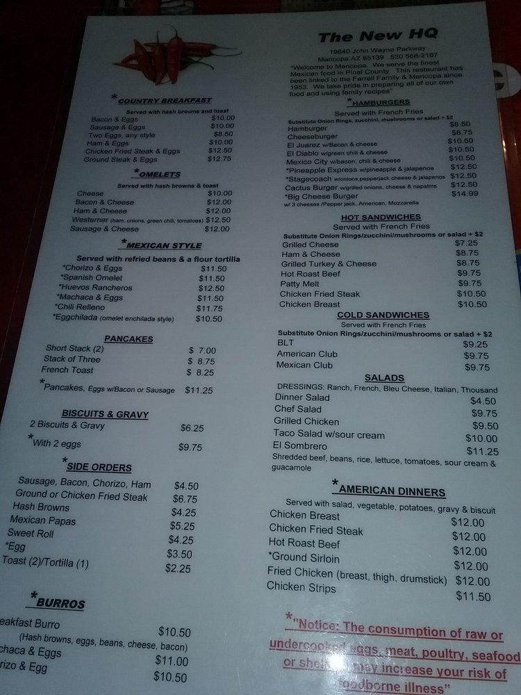 Menu at Headquarters Cafe, Maricopa, N Maricopa Rd