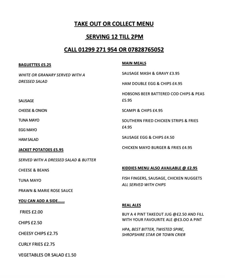 Menu at The Kings Arms pub & bar, Cleobury Mortimer