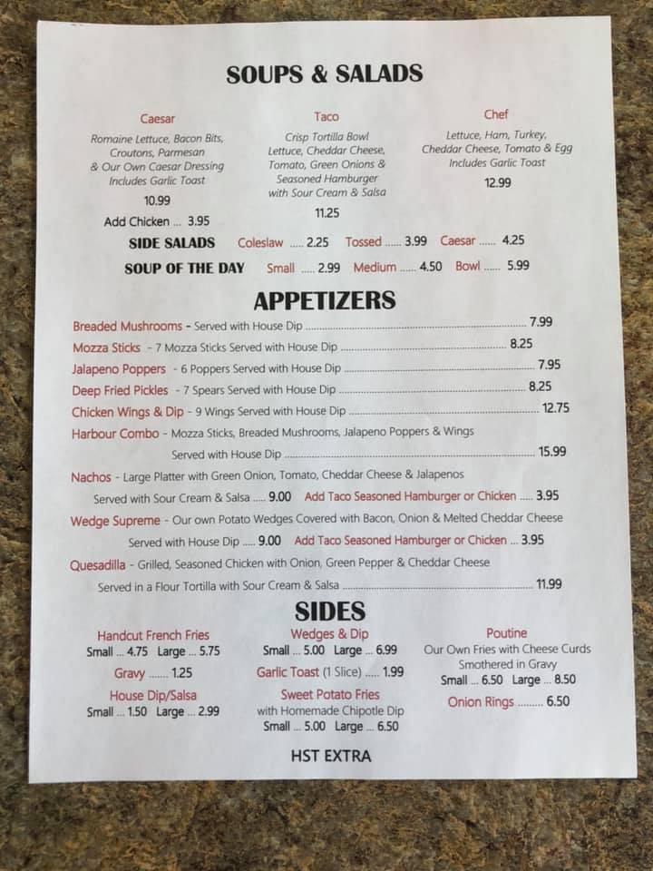Menu at Harbourage restaurant, Fort Frances