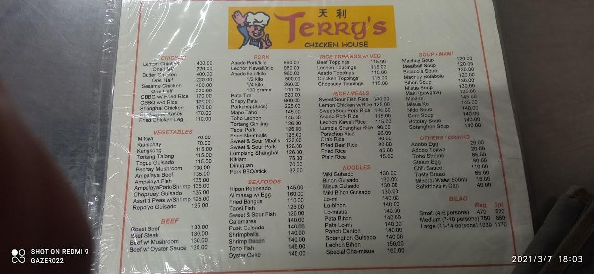 Menu at Terry's Chicken House restaurant, Manila, Bambang St