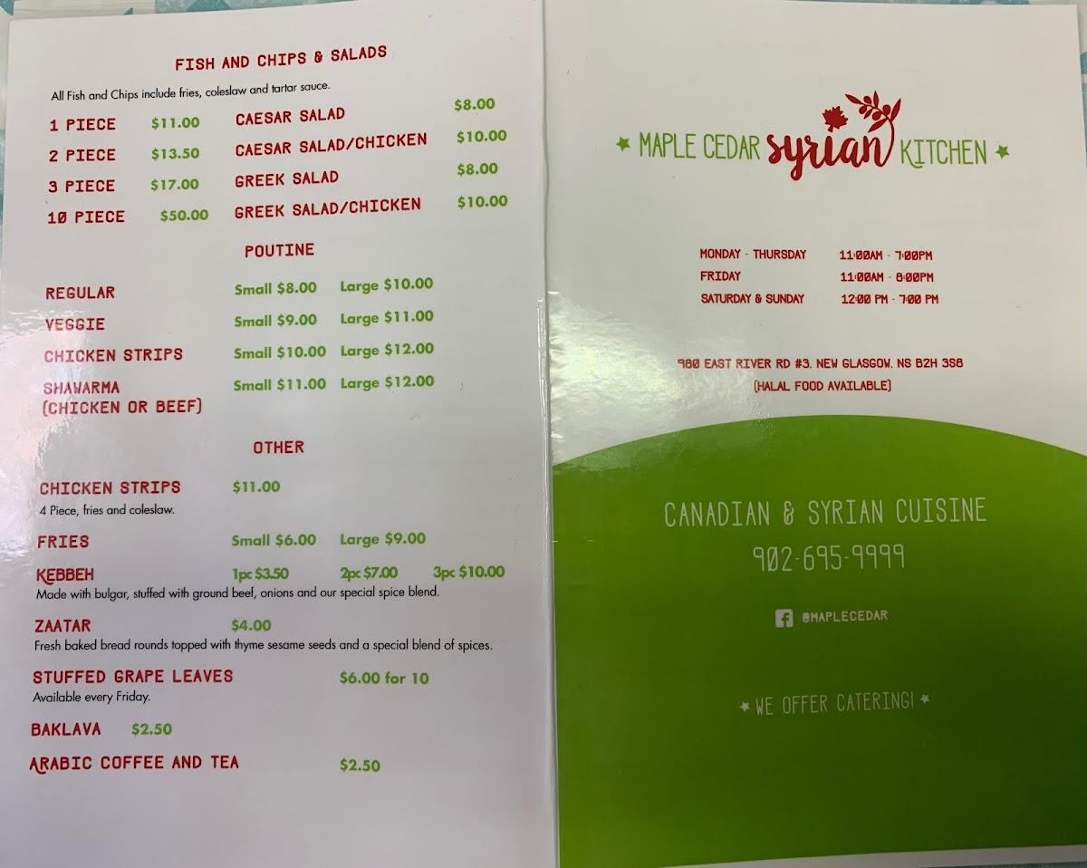 Menu at Maple Cedar Syrian Kitchen pizzeria, New Glasgow