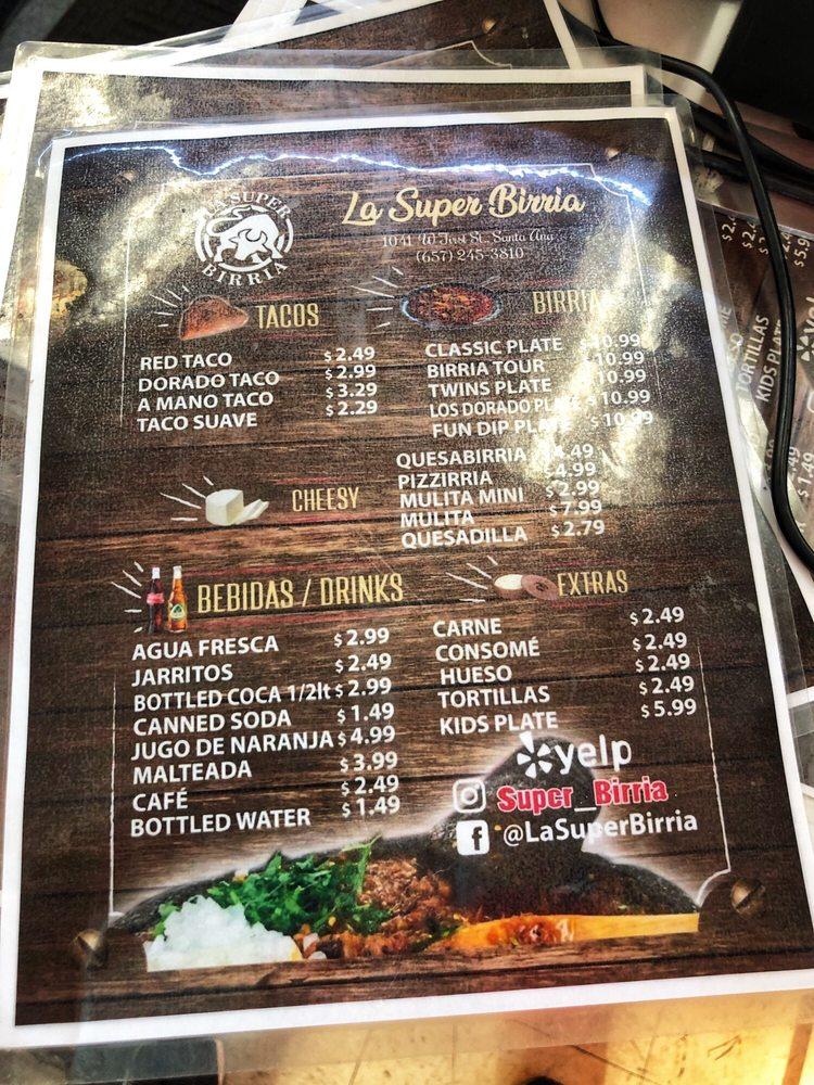 Menu at La Super Birria restaurant, Santa Ana