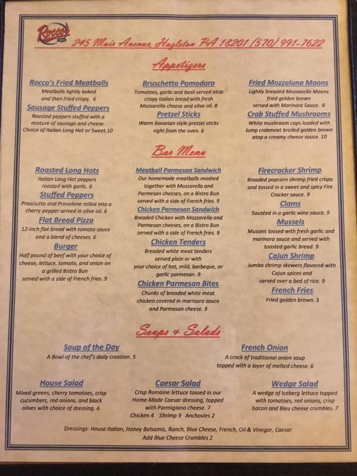 Menu at Rocco's restaurant, Hazleton