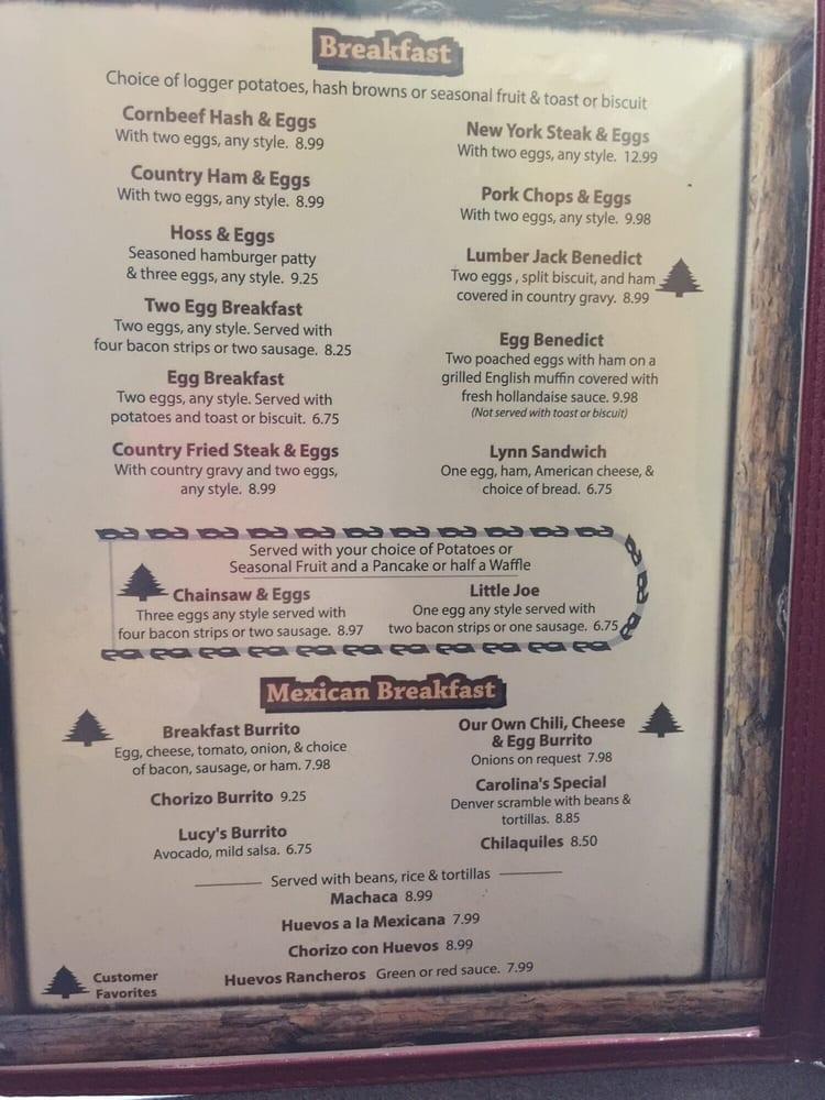 Menu at Lumberjack Cafe, Big Bear
