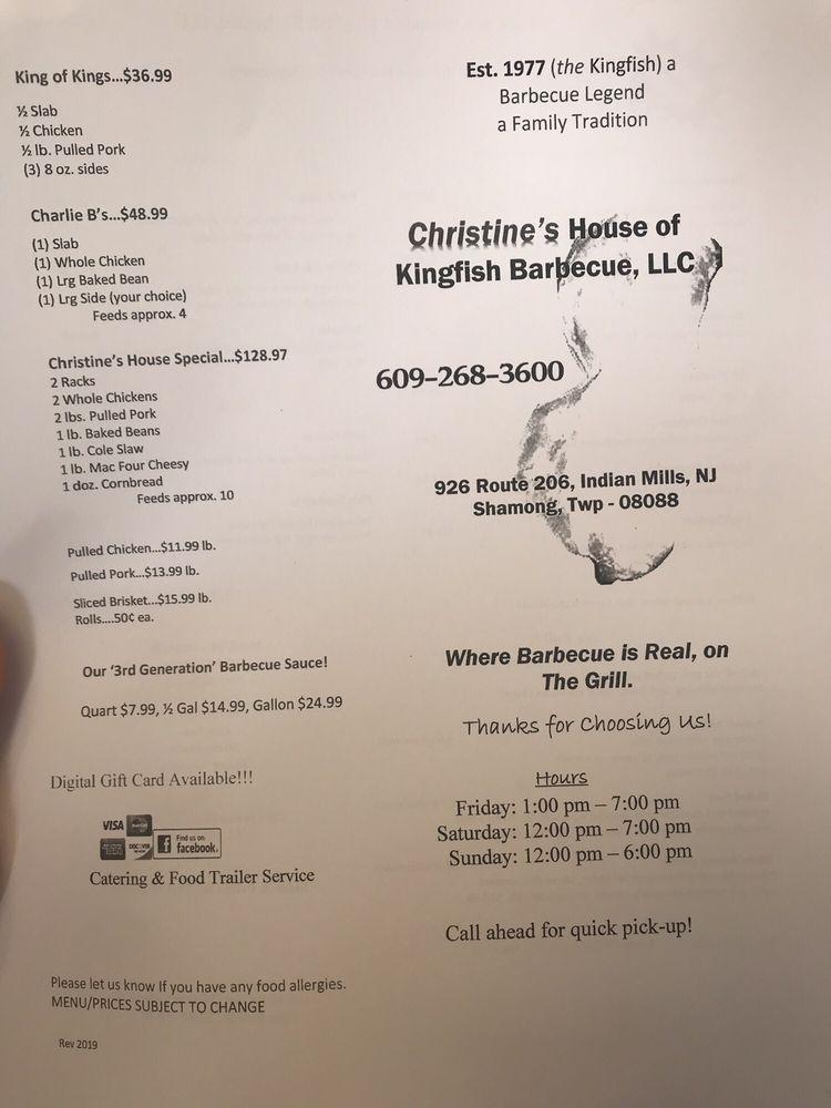 Menu at Christine’s House of Kingfish Barbecue, Shamong