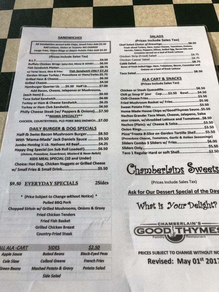 Menu at Chamberlains Good Thymes cafe, Titusville