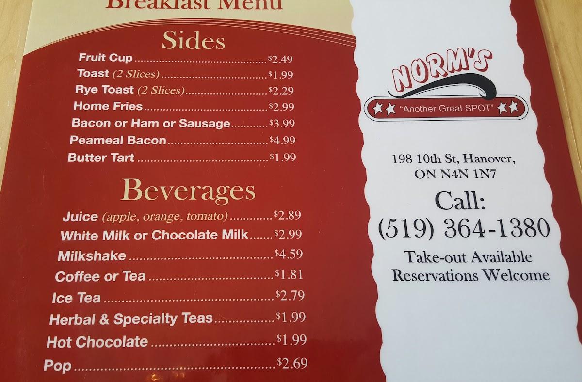 Menu at Norm's Restaurant, Hanover