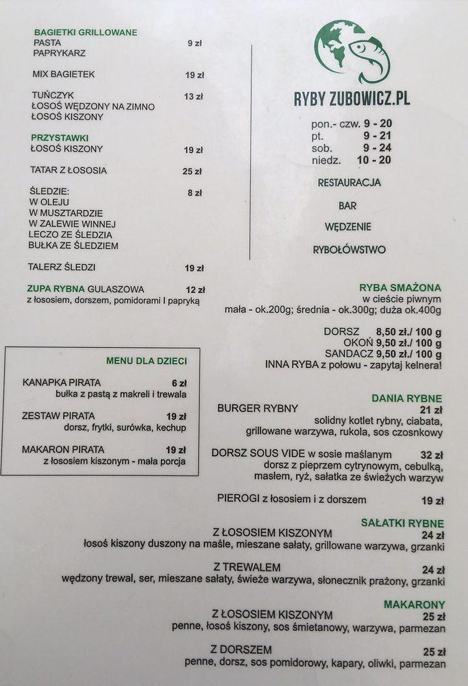 Menu at Ryby Zubowicz restaurant Kamień Pomorski Wilków Morskich 3