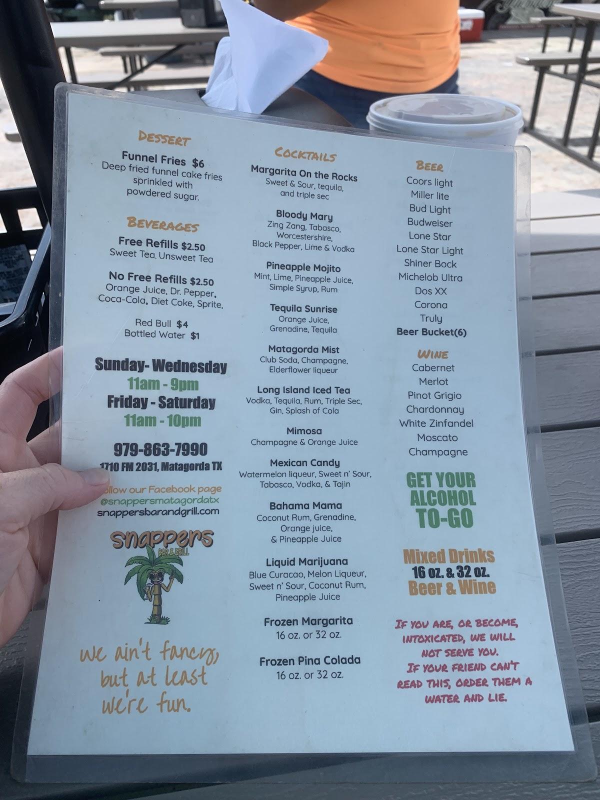 Menu at Snappers Bar & Grill, Matagorda