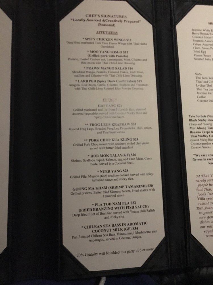 Menu at Thai Villa restaurant, New York City