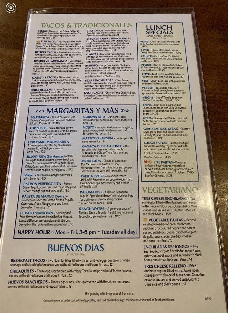 Menu at Mattito’s Tex-Mex restaurant, Flower Mound