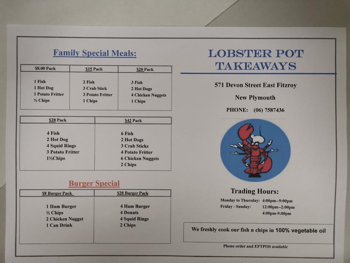 Menu at Lobster Pot Takeaways restaurant, New Plymouth