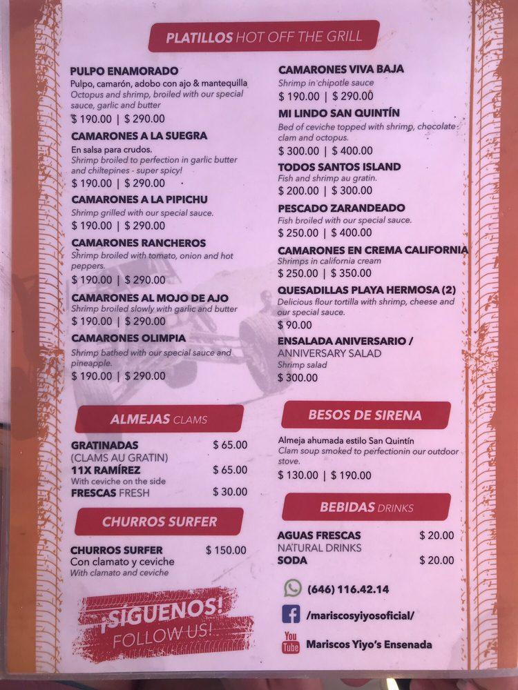 Menu at Mariscos yiiyo restaurant, Ensenada