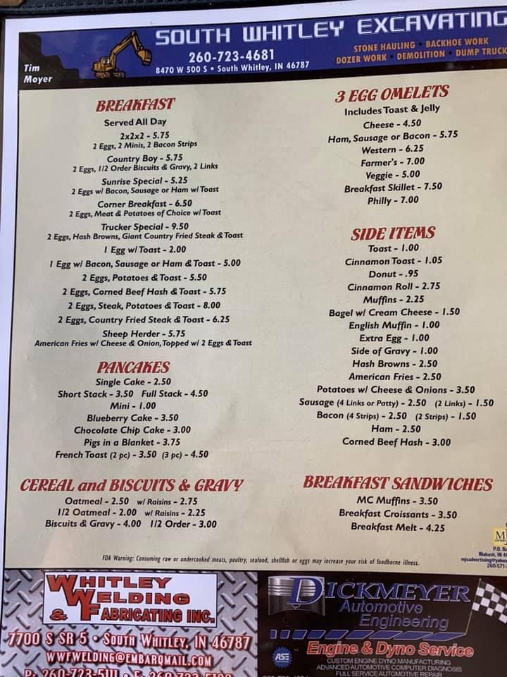 Menu at Moyers cafe, South Whitley