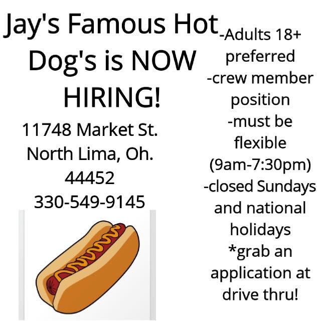 Menu at Jay's Famous Hot Dogs restaurant, North Lima, Market St