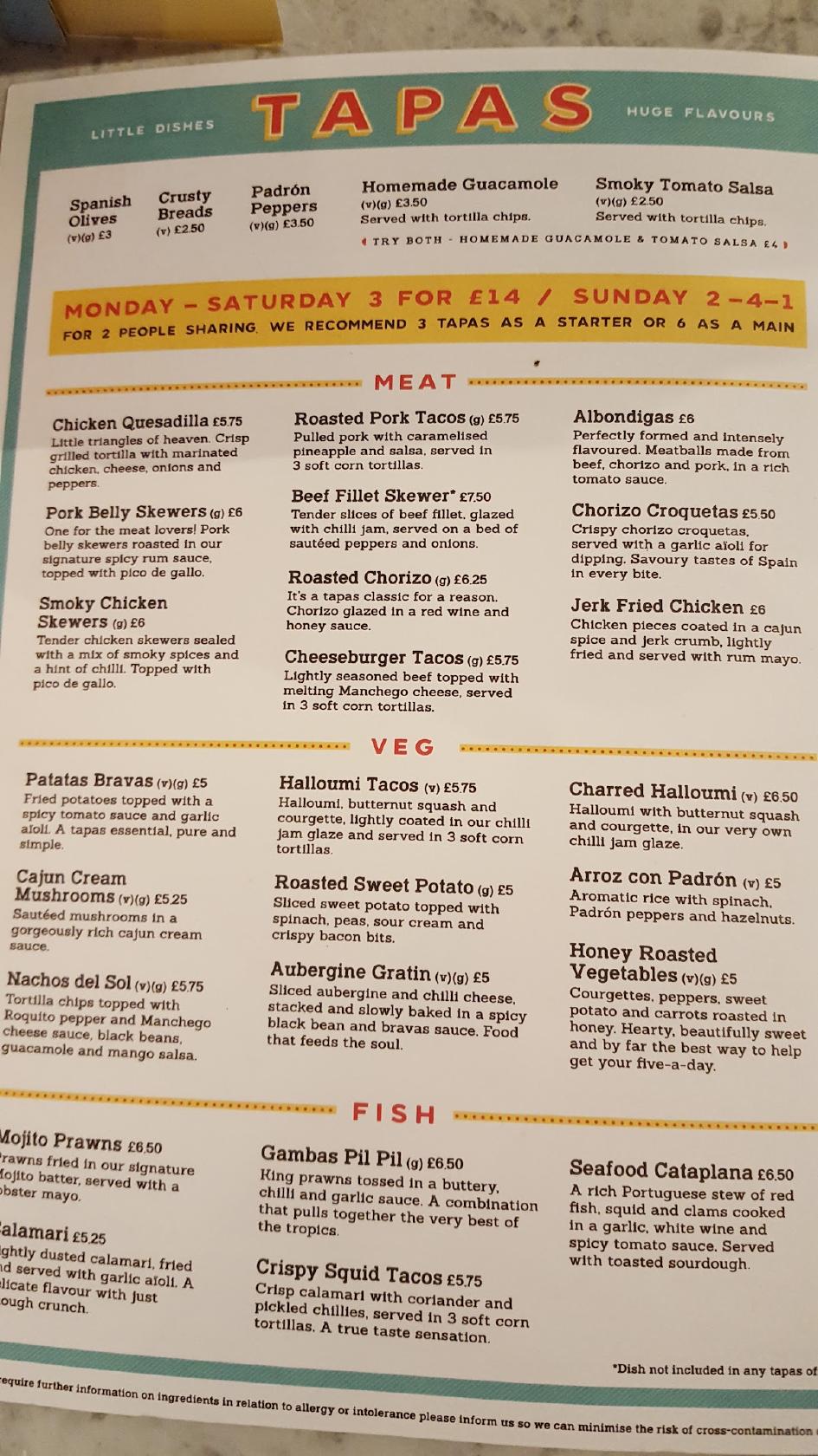 Menu at Revolución de Cuba Birmingham restaurant, Birmingham