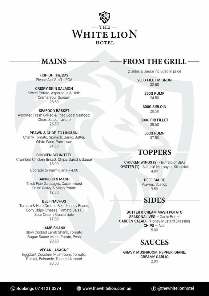Menu at The White Lion Hotel pub & bar, Maryborough