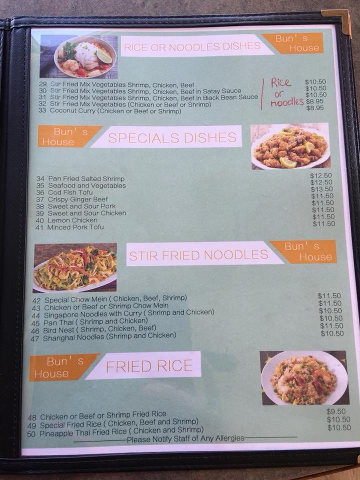 Menu at Bun's House Restaurant, Saskatoon