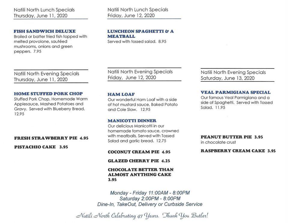 Menu at Natili North pizzeria, Butler