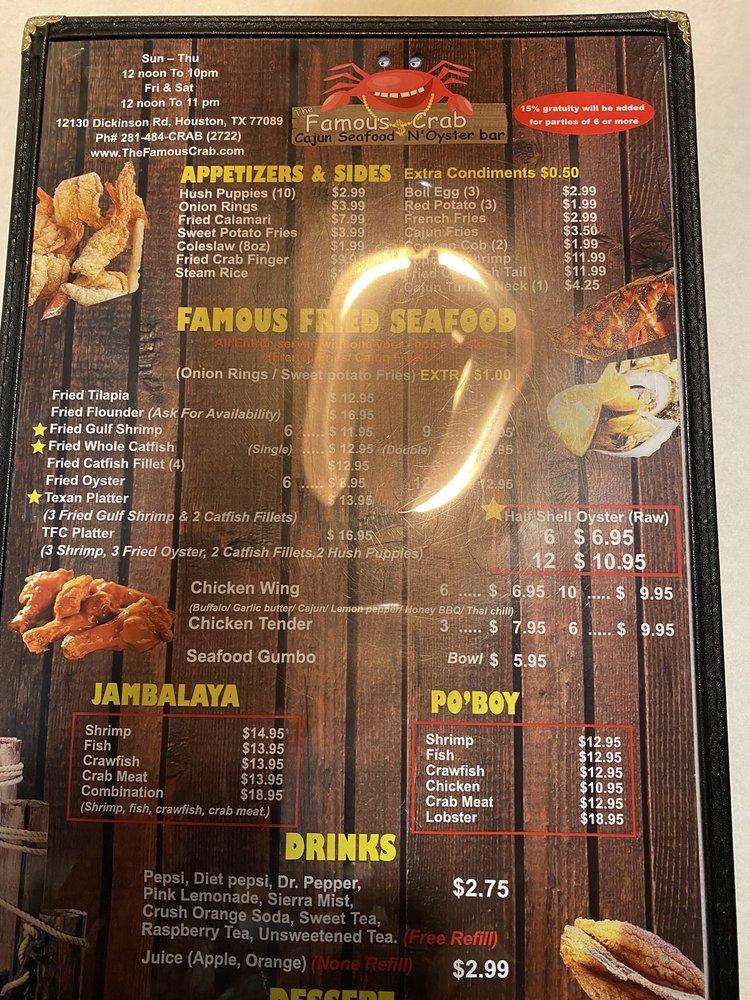 Menu at The Famous Crab pub & bar, Houston