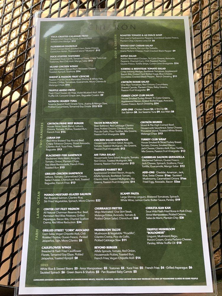 Menu at Cintrón A Floribbean Restaurant, Gainesville