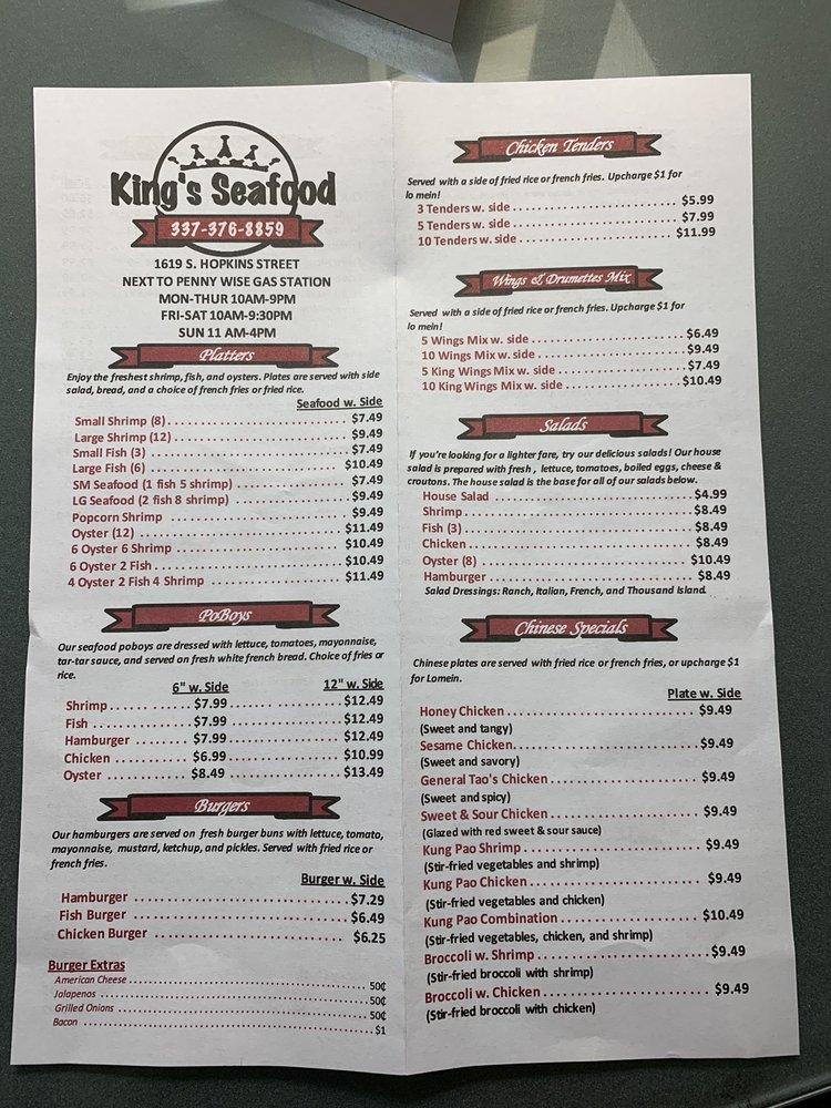 Menu at King’s Seafood New Iberia restaurant, New Iberia