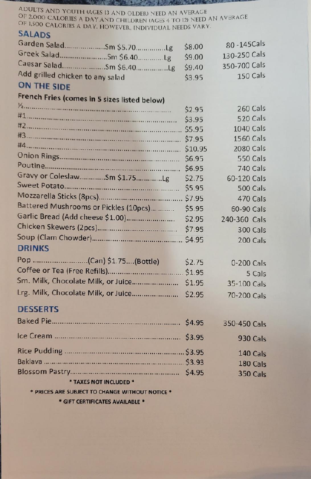 Menu at Captain Fish & Chips restaurant, Oshawa