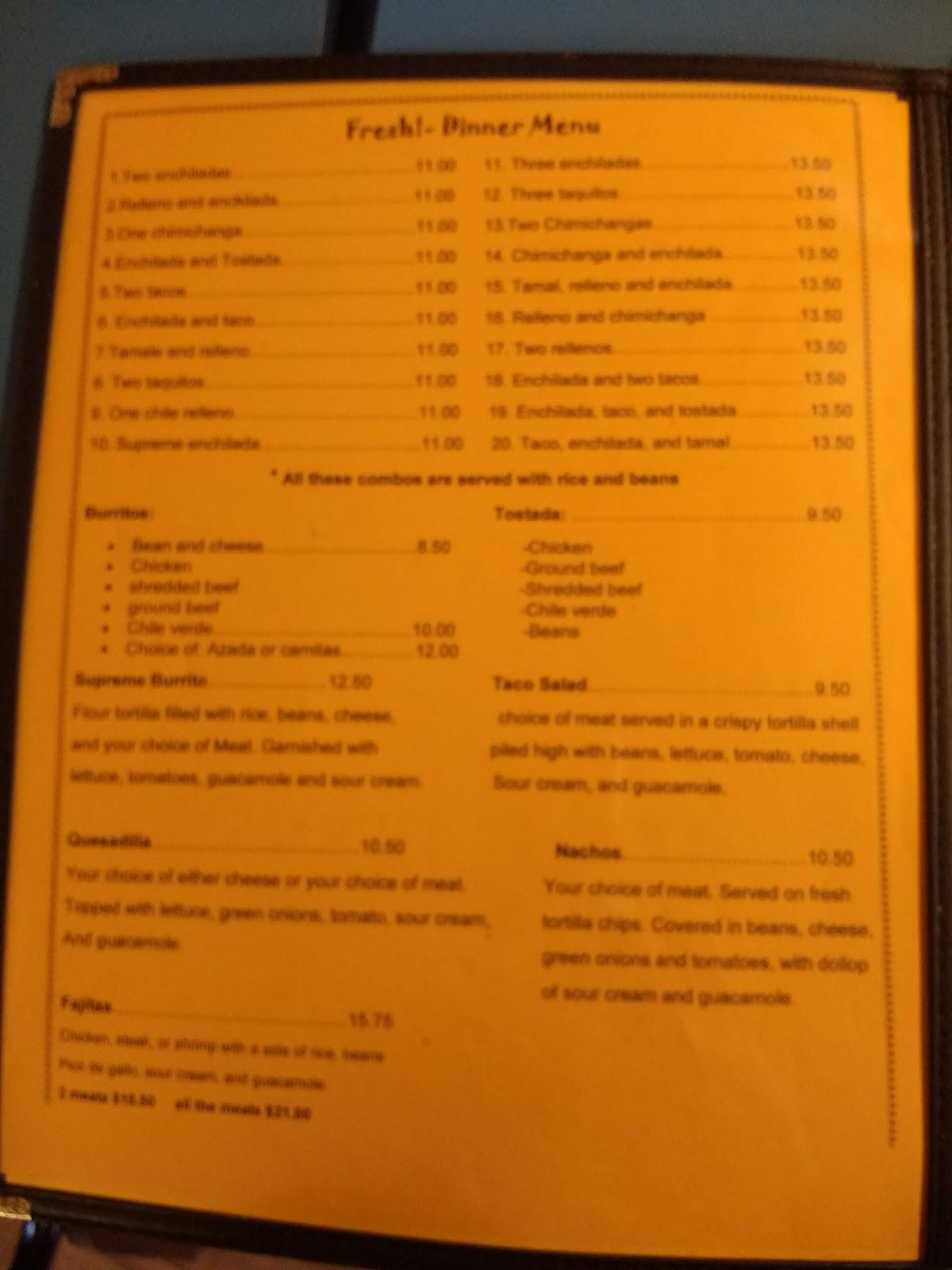 Menu at Fresh Mexican restaurant, Waldport