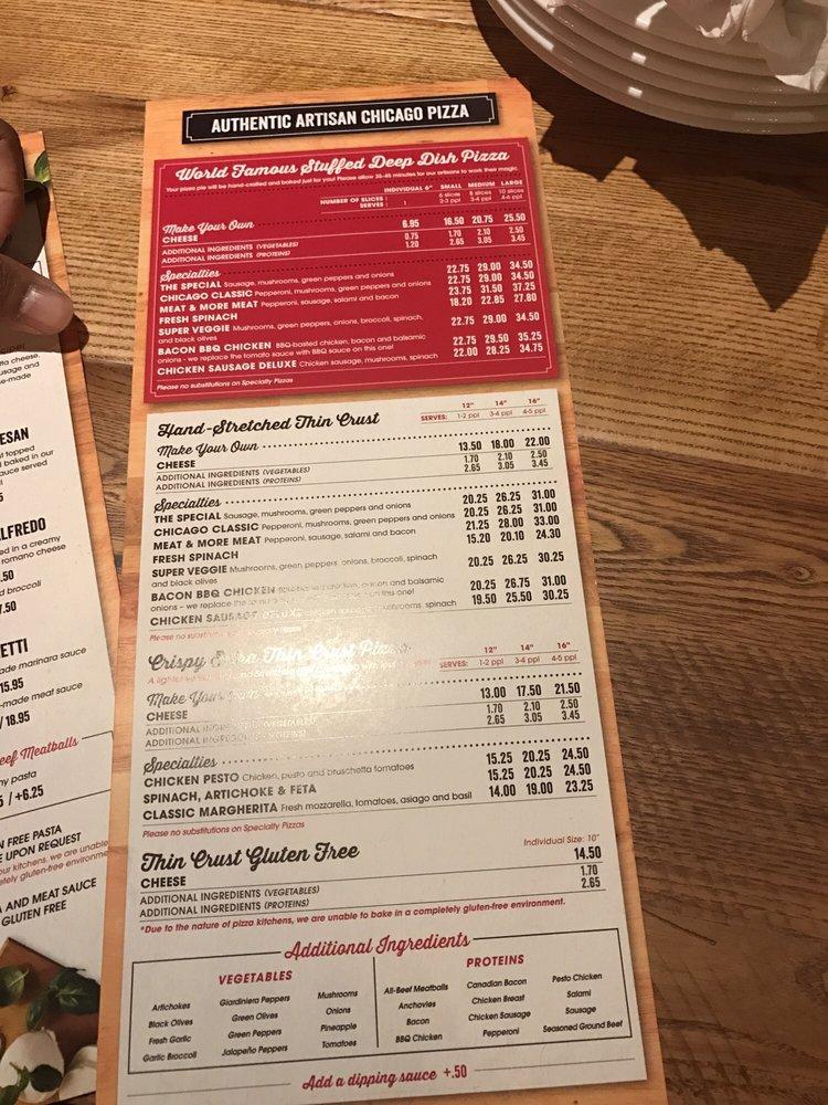 Menu at Giordano's pizzeria, Richfield