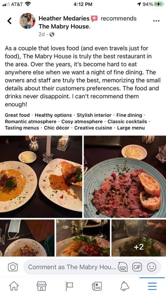 Menu at Mabry House restaurant, Shreveport