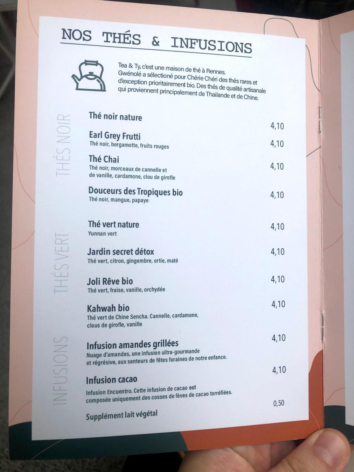 Menu at Chérie Chéri cafe, Rennes