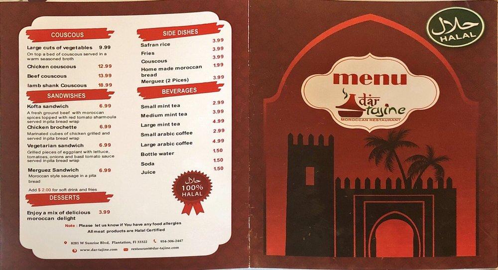 Menu at Dar Tajine Moroccan Restaurant, Plantation