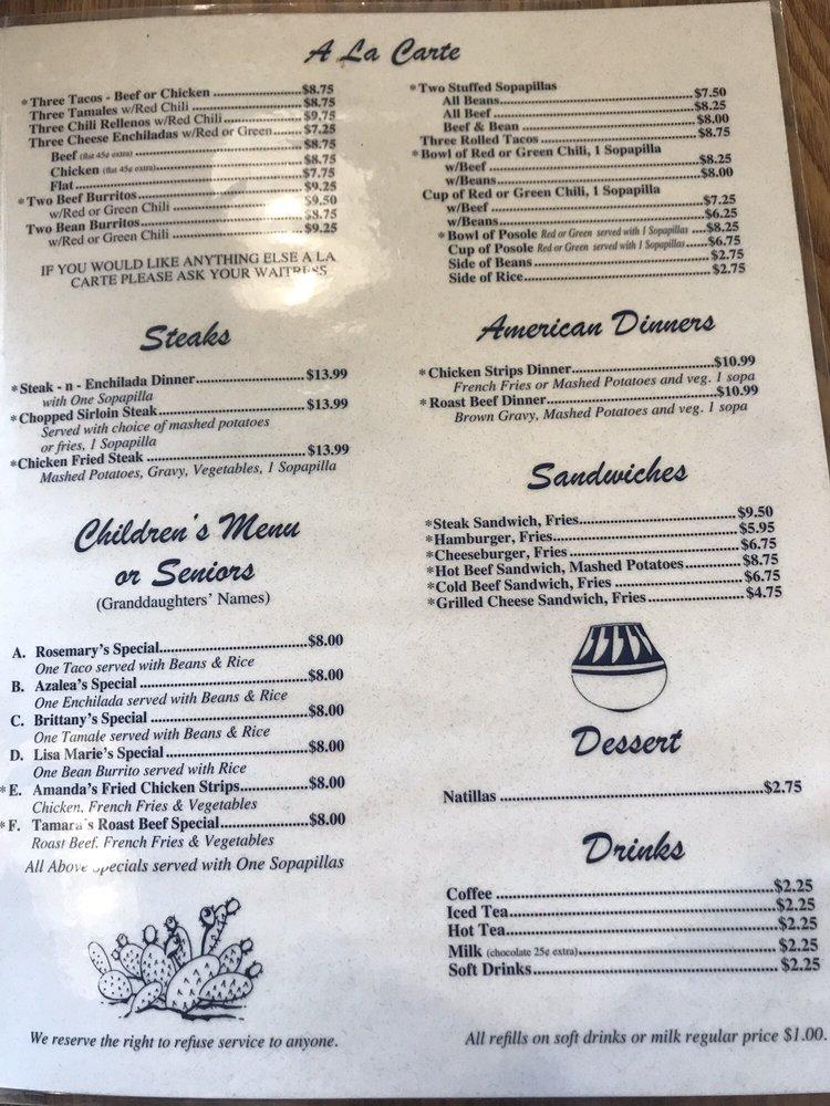 Menu at Eloy's restaurant, Albuquerque
