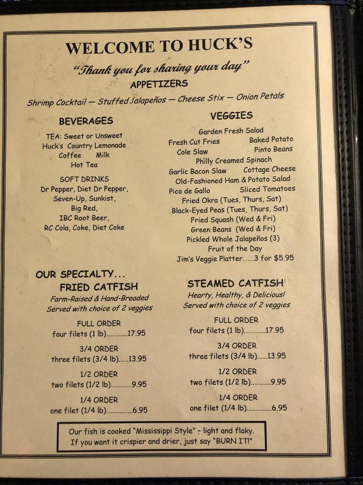 Menu at Huck's Catfish restaurant, Denison