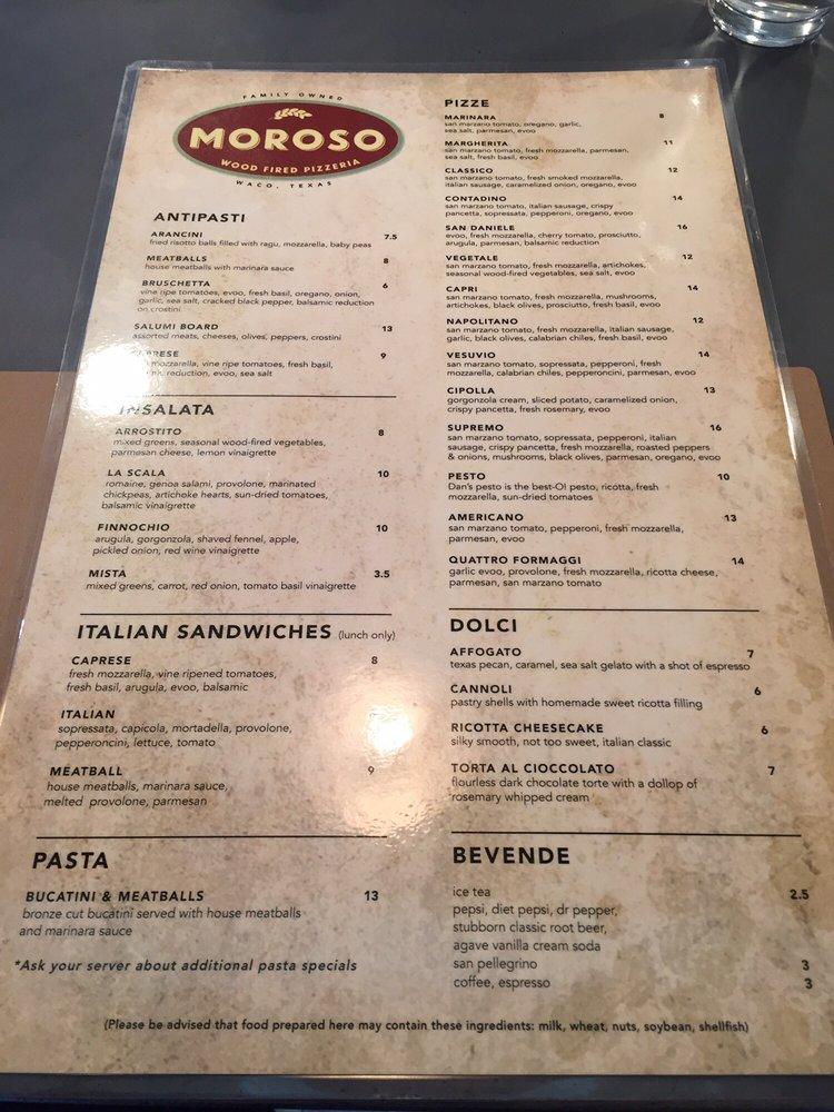 Menu at MOROSO Wood Fired Pizzeria, Waco