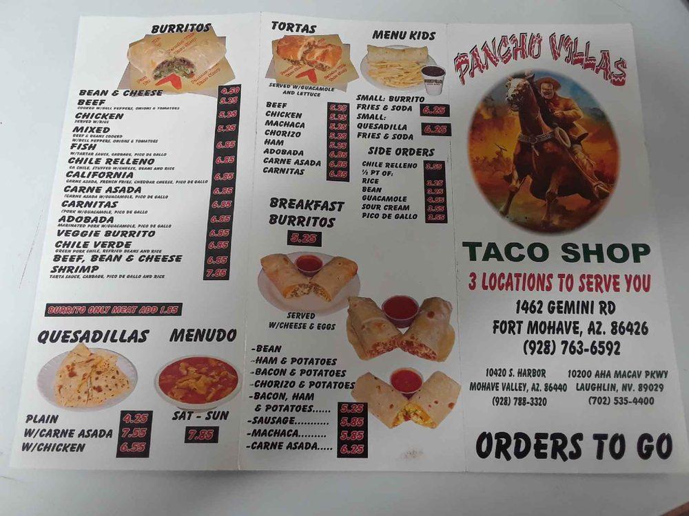 Menu at Pancho Villas Taco Shop #3 restaurant, Fort Mohave