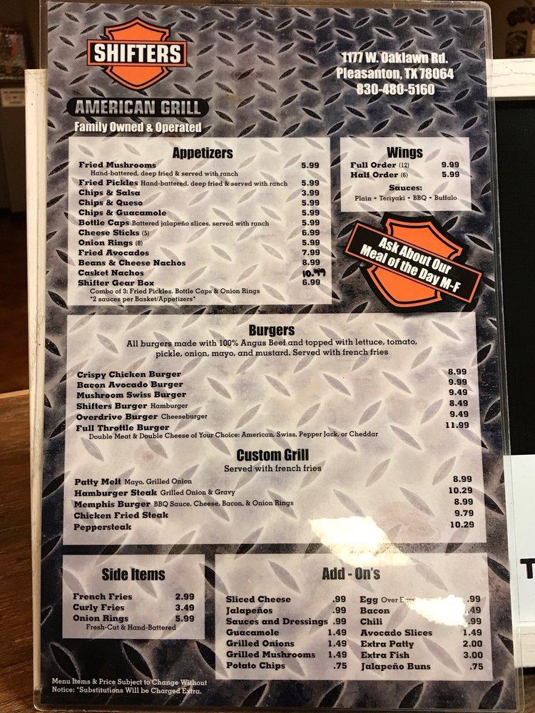 Menu at Shifters American Grill restaurant, Pleasanton
