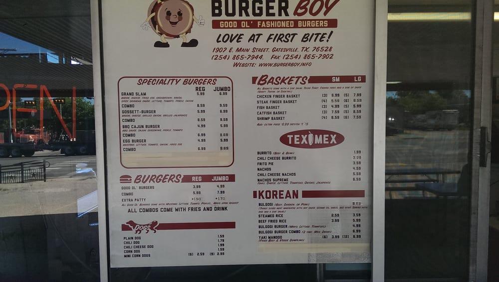 Menu at Burger Boy fast food, Gatesville