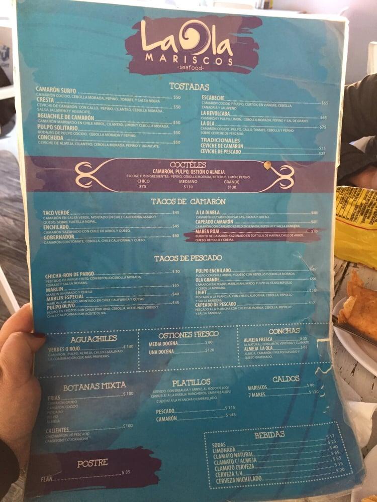 Menu at La Ola MARISCOS restaurant, Tijuana