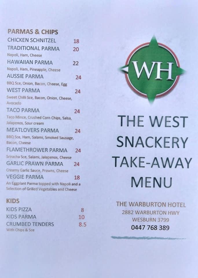 Menu at The Warburton Hotel, Wesburn Bar & Bistro (The West), Wesburn