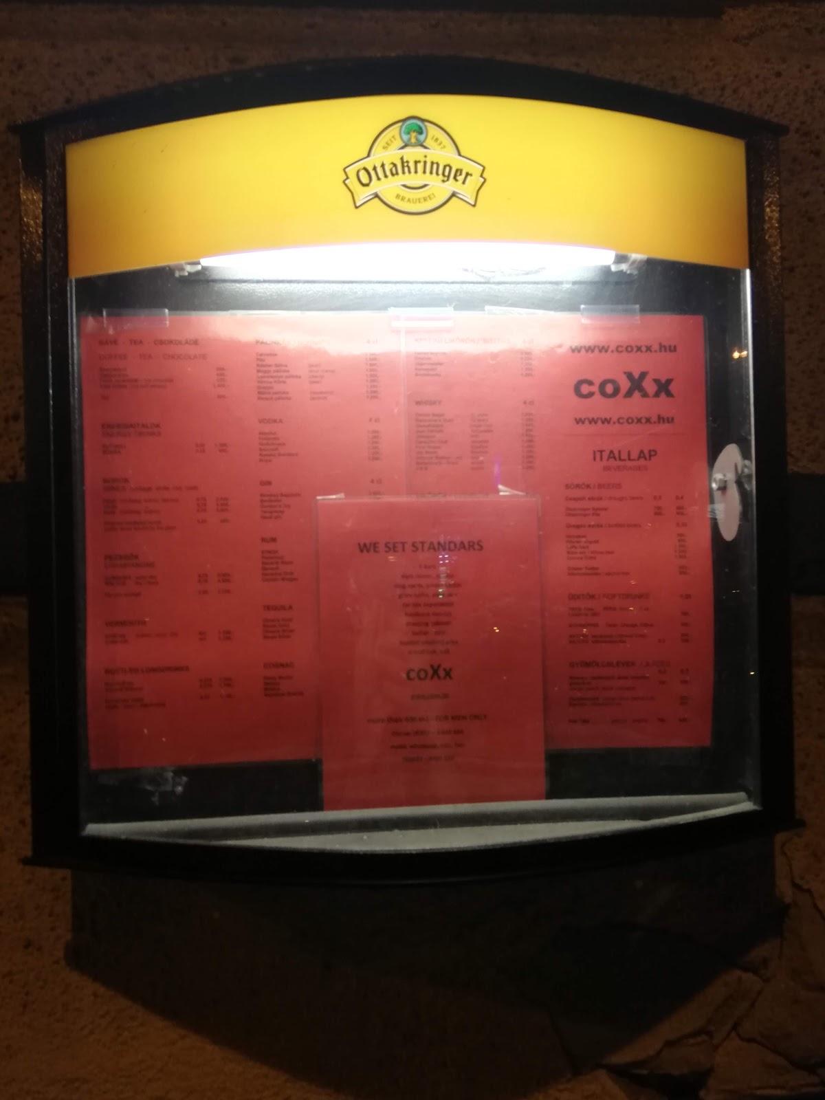 Menu at CoXx Men's Bar, Budapest