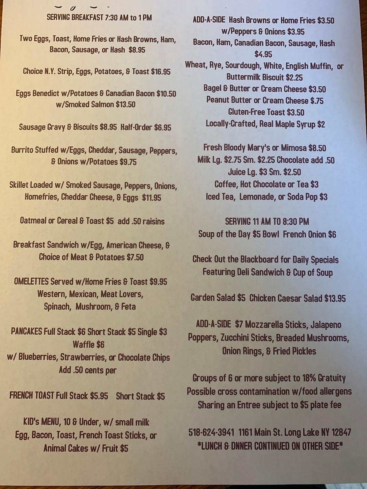 Menu at Long Lake Diner & Owl’s Head Pub, Long Lake, Main St