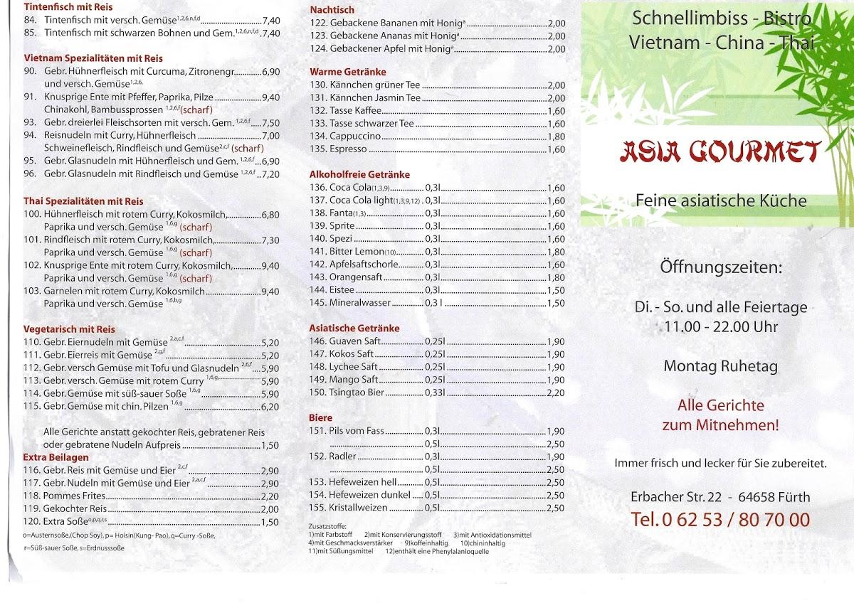 Menu au Asia Gourmet fast food, Fürth