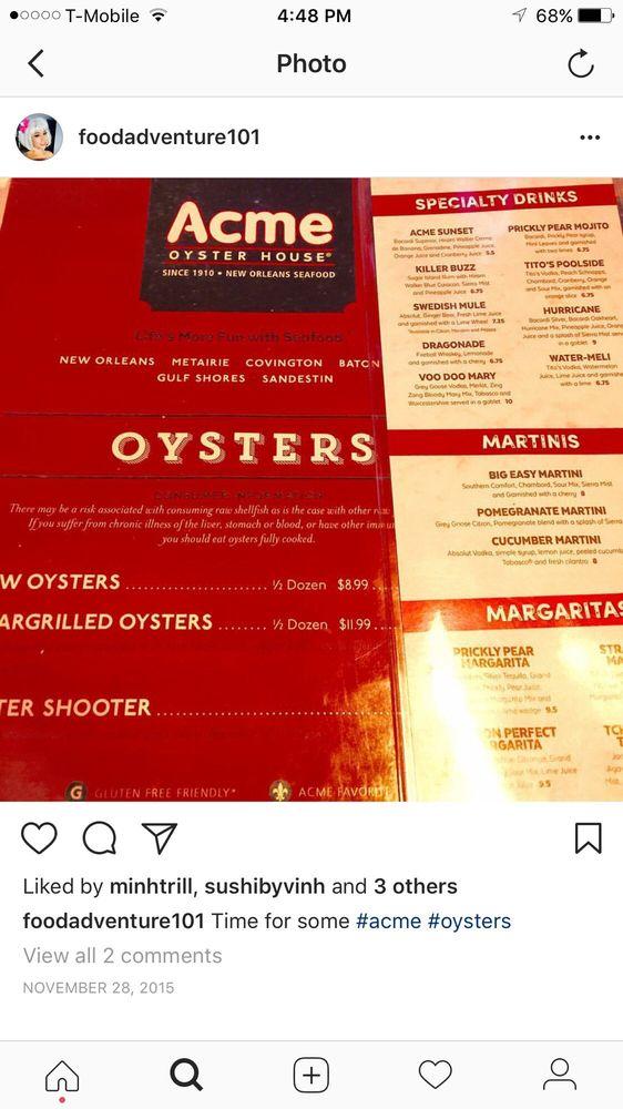 Menu at Acme Oyster House restaurant, Baton Rouge, Perkins Rd