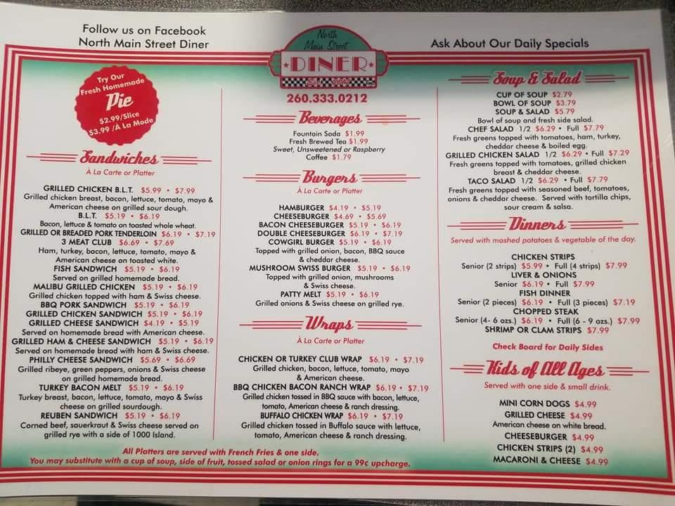 Menu at North Main Street Diner restaurant, Auburn