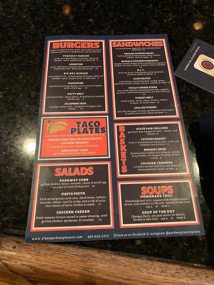 Menu at Parkway Tavern and Grill pub & bar, Plano, 3645 Dallas Pkwy