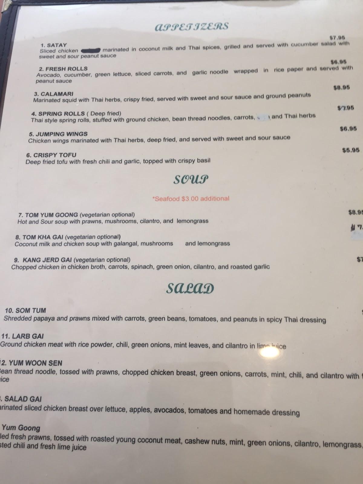 Menu at Thai Jasmine restaurant, Tracy