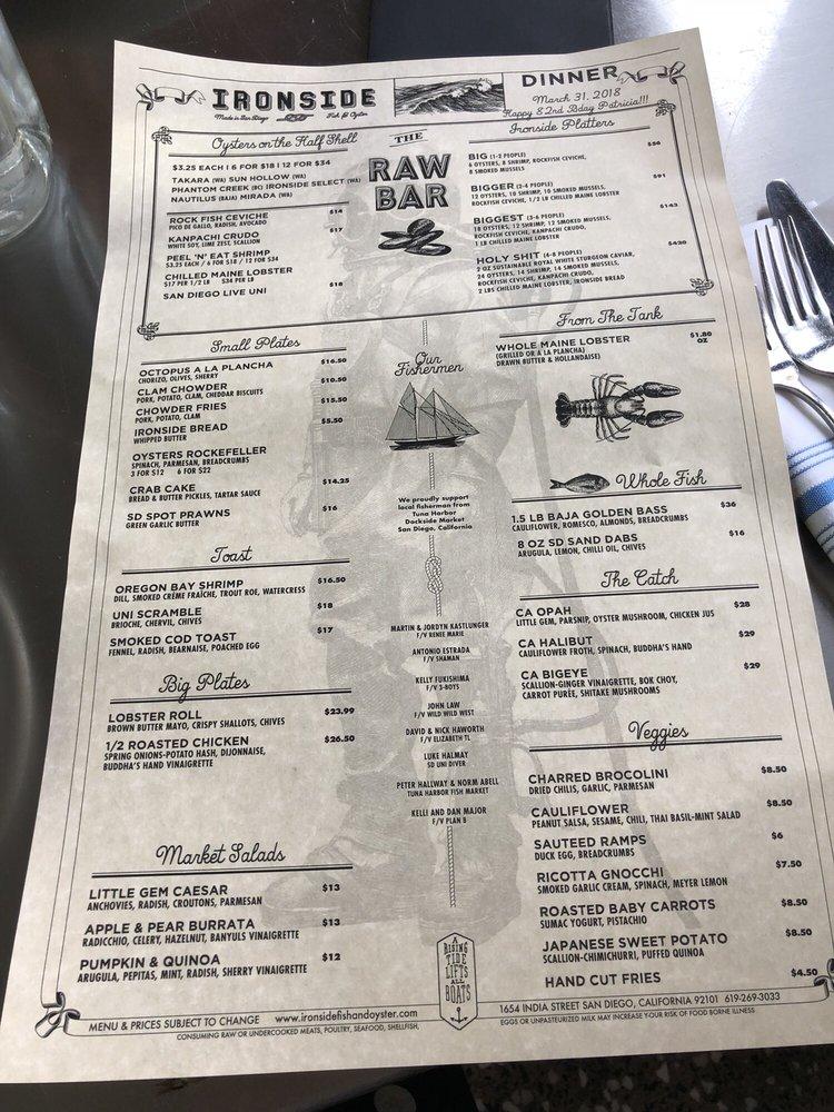 Menu at Ironside Fish & Oyster restaurant, San Diego, India St