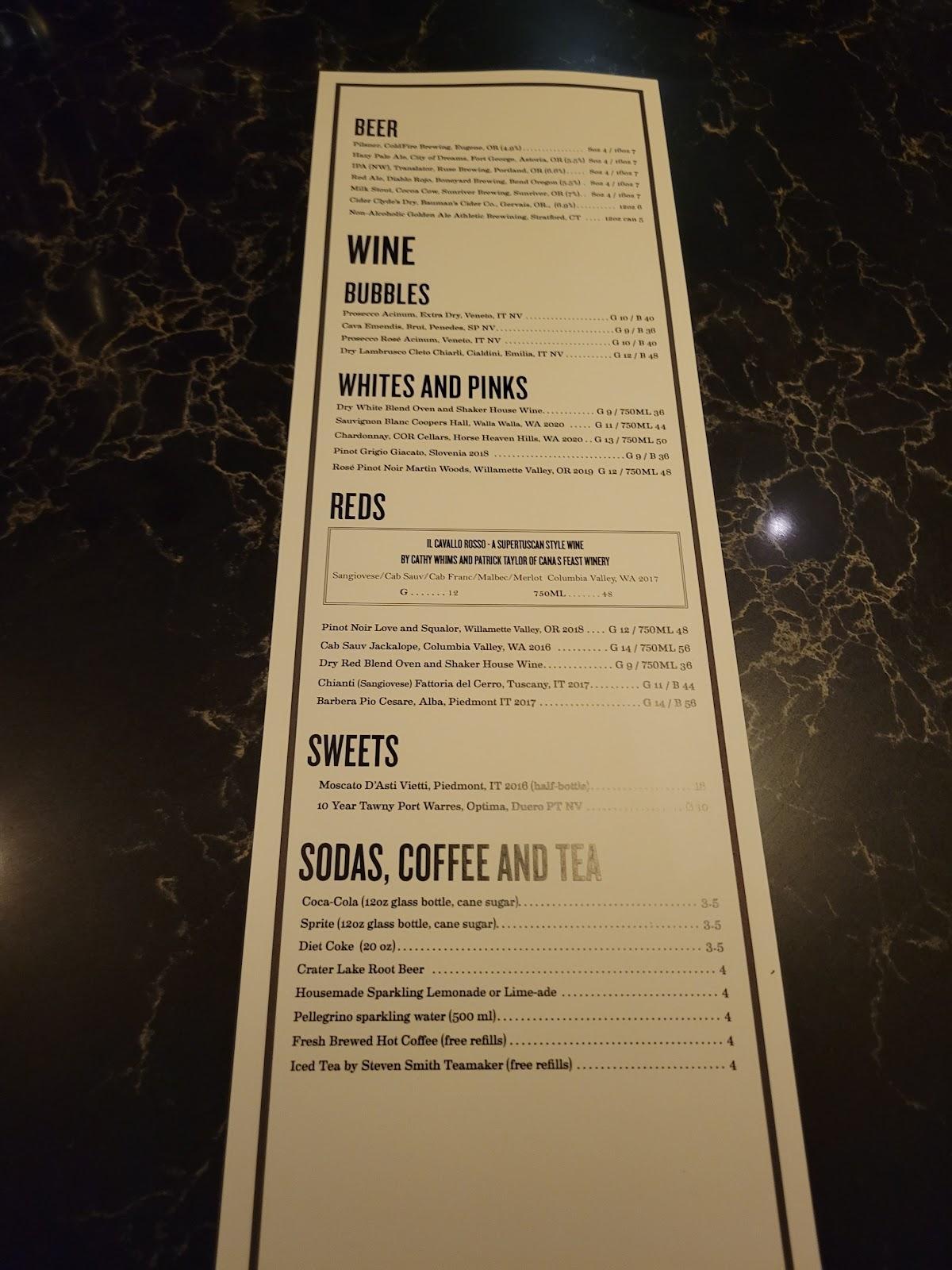 Carta del pub y bar Oven and Shaker Lake Oswego, Lake Oswego
