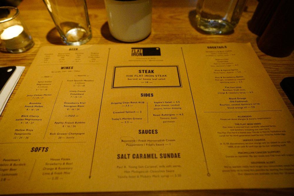 Menu at Flat Iron steakhouse, London, 9 Denmark St